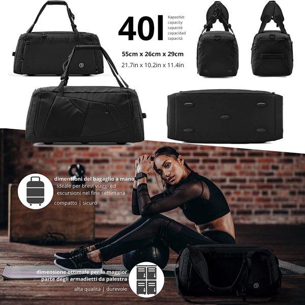 Borsone Palestra Training + Funzione Zaino, Scomparto per Scarpe e Bagnato | 40L Borsa Sportiva Viaggio Nuoto Fitness Sport Gym Sacca Tracolla Bagaglio Mano Weekend Duffel Bag Impermeabile Uomo Donne - immagine 5