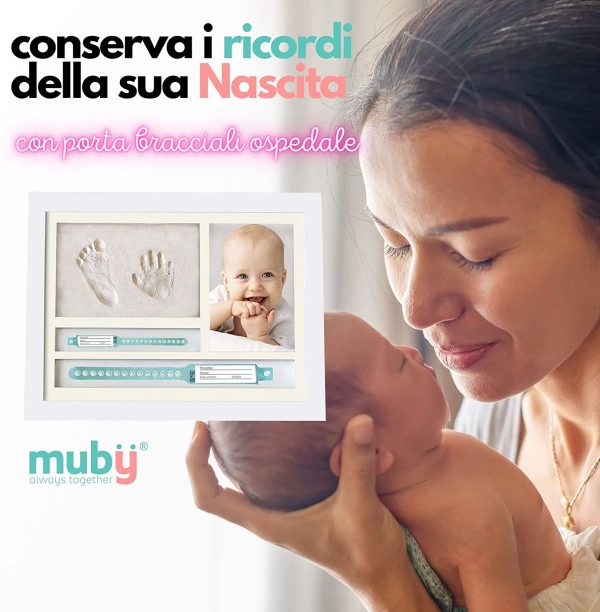 MUBY, CORNICE IMPRONTE NEONATO mani e piedi e PORTA BRACCIALI DI NASCITA |3 Passepartout inclusi| Idea Regalo nascita e battesimo bambino e bambina, Cornice da Tavolo e da Parete, Kit impronte neonato - immagine 9