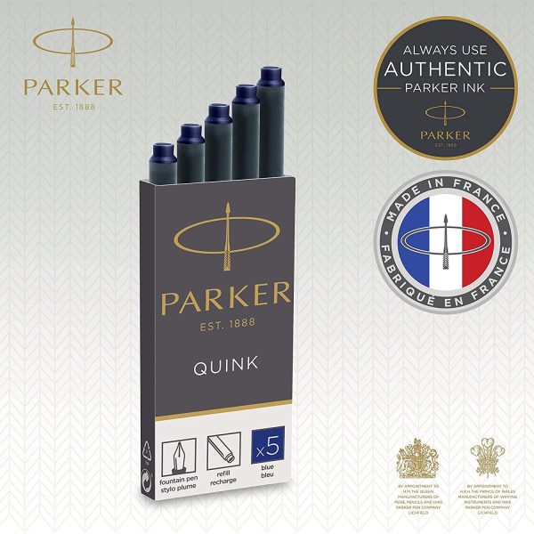 PARKER Quink Ricariche per Penne Stilografiche, Cartucce Lunghe, Blu, Confezione da 5