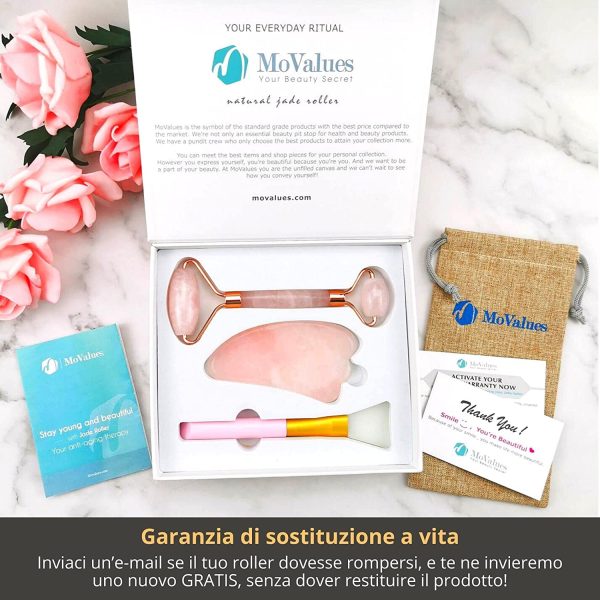 Set con Rullo di Giada e Gua Sha Originale - Roller per Massaggio Viso in Quarzo Rosa Naturale al 100%, Multifunzione Rilassante, Rimodellante e Anti-et?? - Design autentico, Durevole, Silenzioso - immagine 7