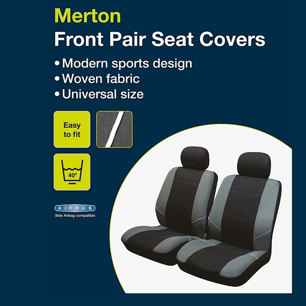 Sakura Merton SS3633 - Set di Coprisedili e Copri Poggiatesta per Sedili Anteriori Auto, Universale, Bordi Elasticizzati, Compatibile con Airbag Laterale, Lavabile in Lavatrice, Nero/Grigio