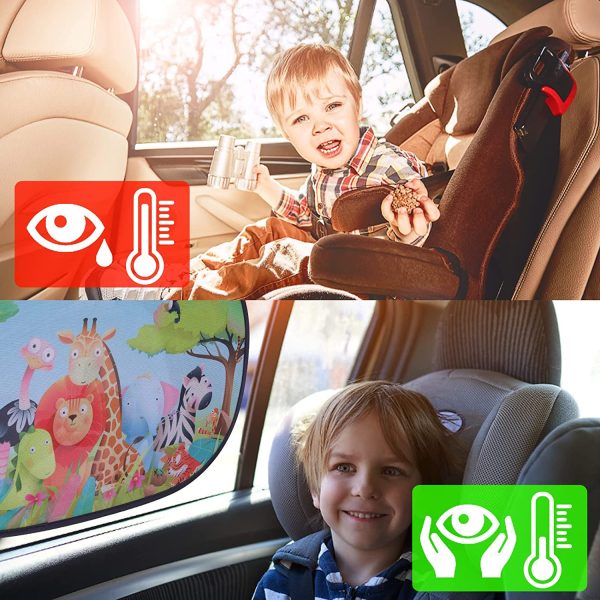 Parasole Auto Bambini Tendine, Universali Autoadesivo Finestrini Laterali Protezione da Raggi UV per Bambini con Simpatici Motivi, Set da 2 pezzi, 51 x 32 cm - immagine 4