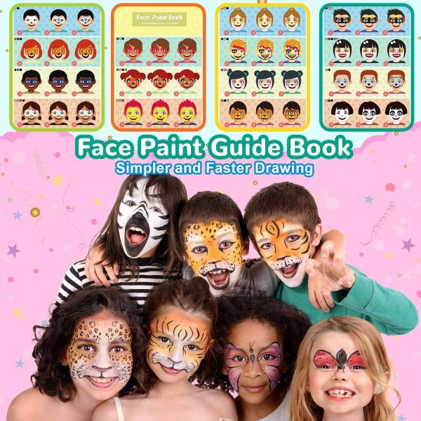 lenbest Colori Trucco Viso Bambini, 17 Colori Pittura Facciale Include 5 Colori Metallici, con Disegni Libro di Insegnamento, 3 Glitter, 3 Pennelli - Kit Halloween Trucco Carnevale Pasquale - immagine 3