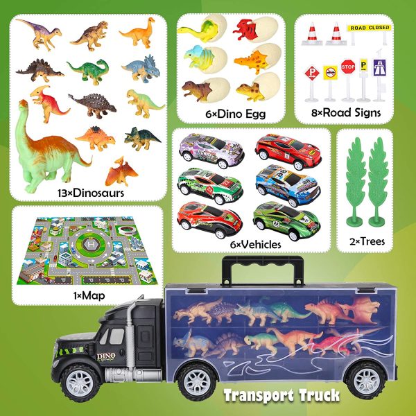 Vanplay Bisarca Giocattolo Camion Giocattolo includere Uova Dinosaur e Dinosauri Giocattoli , Mini Auto da Corsa, Tappetto Gioco, Segnali Stradali per Bambini 37 Pezzi - immagine 4