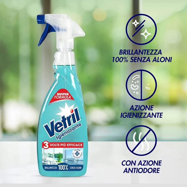 Vetril - Spray Igienizzante Vetri e Superfici, Contro Batteri e Cattivi Odori, Brillantezza Senza Aloni, 650 ml