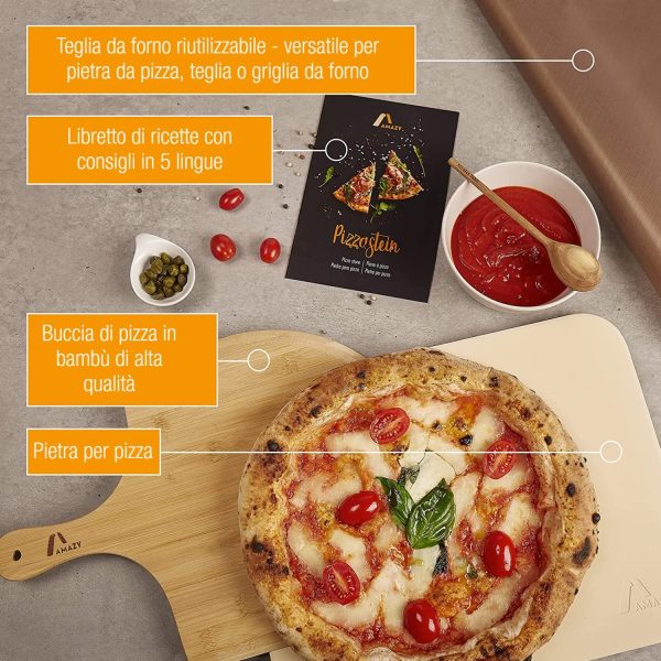 Amazy Pietra refrattaria per pizza da forno, incl. Pala in bamb??, Carta da forno riutilizzabile e Ricettario ?CPietra pizza dal sapore italiano (38x30x1,5cm) - immagine 5