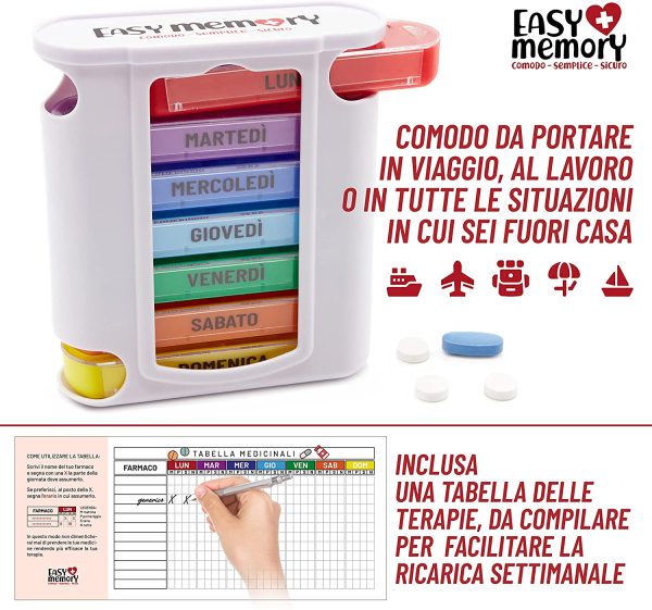 Easy Memory Portapillole Settimanale Italiano con Tabella x Medicinali, 7 Portapastiglie Giornalieri - immagine 8