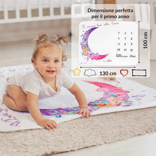 Coperta Mesi Neonato In Italiano | Tappeto Mesi Neonato Per Maschio O Femmina, Unisex | Luna E Fiori | Regalo Baby Shower Personalizzato Per Neomamme | Copertina Mesi Neonato | Incluse Cornici - immagine 5