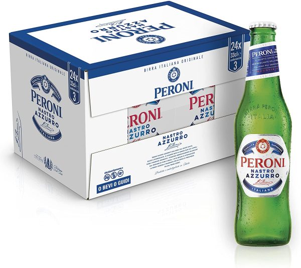 Peroni Nastro Azzurro, Cassa Birra con 24 Bottiglie di Birra da 33 cl, Birra Premium Lager a Bassa Fermentazione, Gusto Secco e Rinfrescante, Gradazione Alcolica 5% Vol