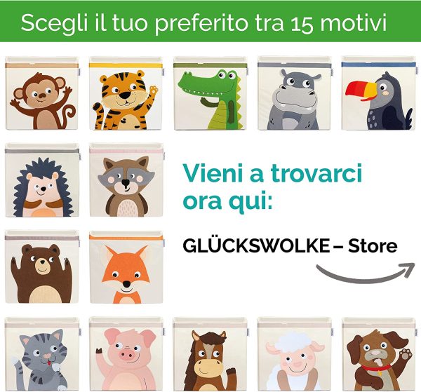 GL??CKSWOLKE Portagiochi Bambini - 15 Motivi I Contenitori per Giocattoli con Coperchio I Scatola Portaoggetti (33x33x33) Box Scaffale I Cesto Cesta Porta Giochi Cameretta I Animali Coccodrillo - immagine 2