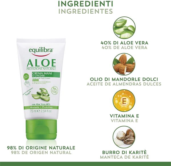 Equilibra Corpo, Aloe Crema Mani e Unghie, Crema Mani a Base di Aloe Vera, Svolge un'Azione Idratante, Lenitiva, Protettiva e Riequilibrante sulla Pelle, Rapido Assorbimento, 75 ml - immagine 3