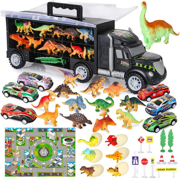 Vanplay Bisarca Giocattolo Camion Giocattolo includere Uova Dinosaur e Dinosauri Giocattoli , Mini Auto da Corsa, Tappetto Gioco, Segnali Stradali per Bambini 37 Pezzi - immagine 3