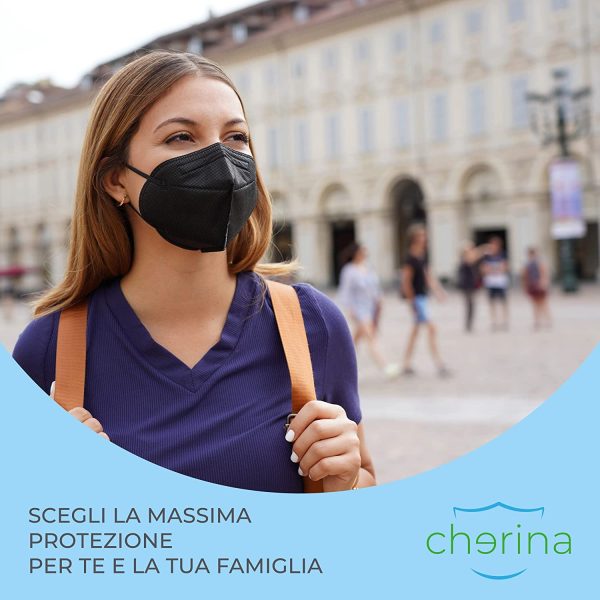 CHERINA 50 Mascherine FFP2 Nere Certificate CE, Imbustate Singolarmente, Mascherina ffp2 Nera Premium Quality