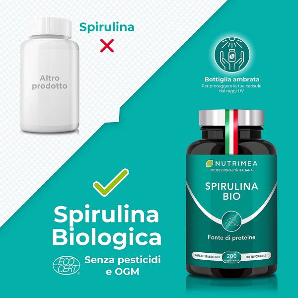 Nutrimea Spirulina BIO | Nuovo! | 200 Compresse Con Proteine Vegetali | Alga Naturale | Fonte di Energia | Resistenza | Sistema Immunitario Potenziato | Nutrimea - immagine 3