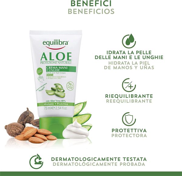 Equilibra Corpo, Aloe Crema Mani e Unghie, Crema Mani a Base di Aloe Vera, Svolge un'Azione Idratante, Lenitiva, Protettiva e Riequilibrante sulla Pelle, Rapido Assorbimento, 75 ml - immagine 4