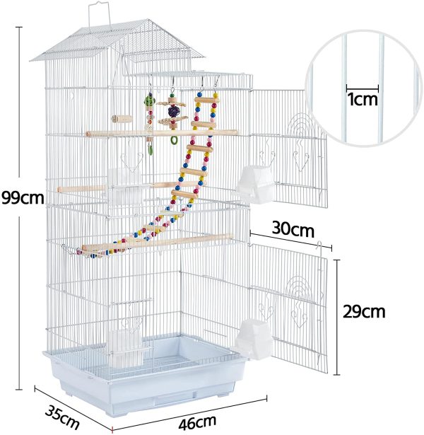 Yaheetech Gabbia Voliera per Uccelli Pappagalli Inseparabili Calopsite Parrocchetti in Metallo e Legno con Giocattoli Bianca - immagine 6