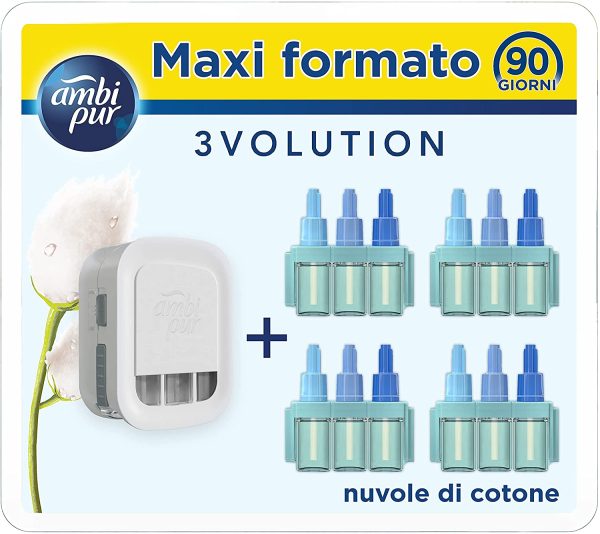 Ambi Pur Profumatore per Ambienti Nuvole di Cotone, 1 Diffusore Elettrico e 4 Ricariche, Elimina Odori, Sicuro da Usare in Ogni Stanza, Durata fino a 1 Anno di Profumo