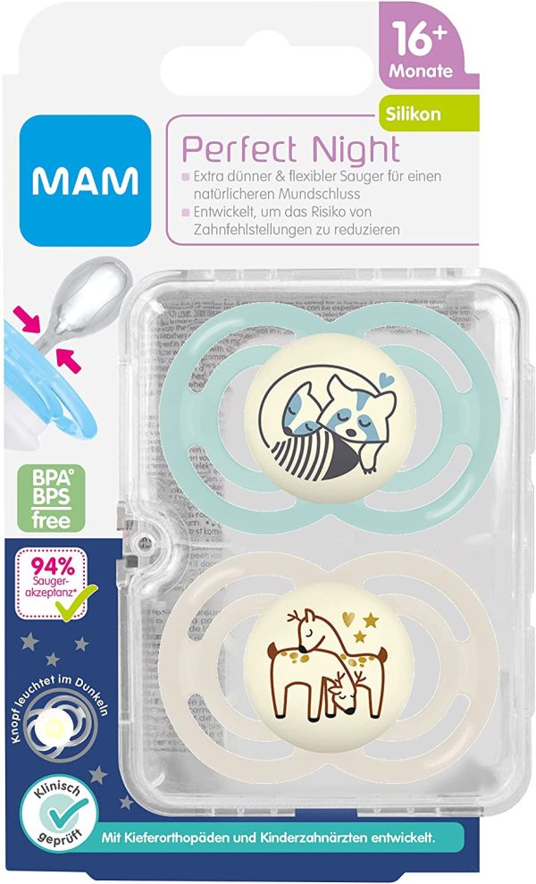 MAM Perfect Night Set di 2 ciucci in silicone sottili e flessibili, si illuminano al buio, 16 mesi mesi, orso e cervo, Istruzioni in lingua straniera - immagine 9