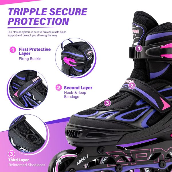 2PM SPORTS Brice Pattini in Linea Regolabili, Ruote Illumina LED, Divertente Inline Skates per Bambina e Bambino e Bambini - Verde/Rosa/Azzurro/Viola - immagine 4