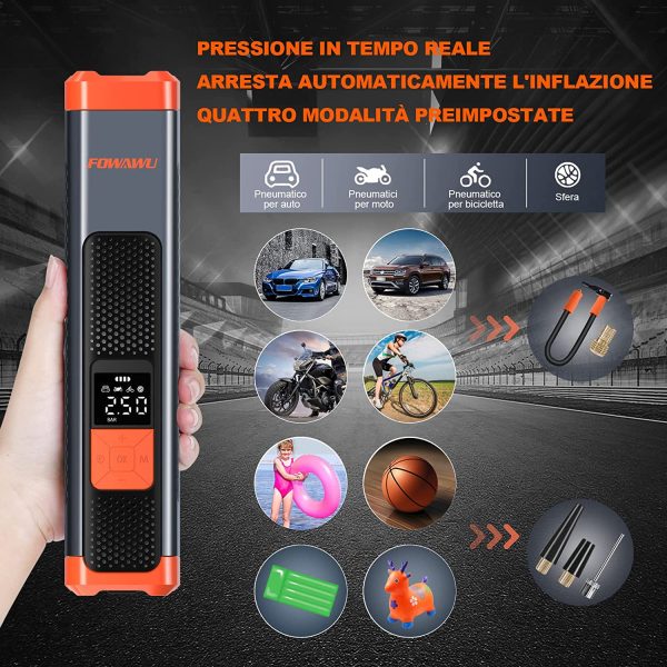 FOWAWU 6000mAh Compressore Aria Portatile Auto 150PSI,Mini Compressore Portatile Gonfiatore Auto Pompa Pneumatica con Schermo LCD Cavo DC 12V Torcia LED Power Bank per Auto Moto Biciclette Palloni - immagine 3