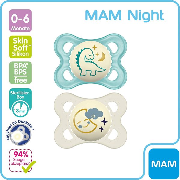 Istruzioni in lingua straniera - MAM Night Ciuccio in set da 2 pezzi, ciuccio luminoso, particolarmente morbido per un rapido accettazione con scatola di trasporto sterilizzata, dino/luna