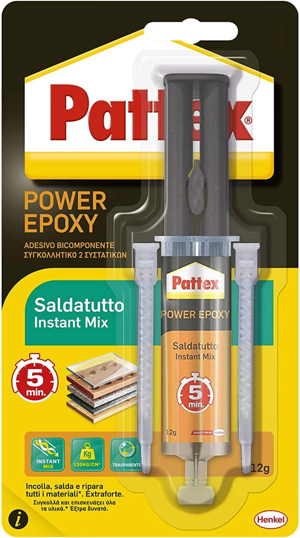 Pattex Power Epoxy Saldatutto Mix 5 Minuti, Forte Colla Epossidica, Bicomponente a Elevata Tenuta Finale, Multiuso, Adatta per quasi ogni Materiale, 1 x 12 g - immagine 2