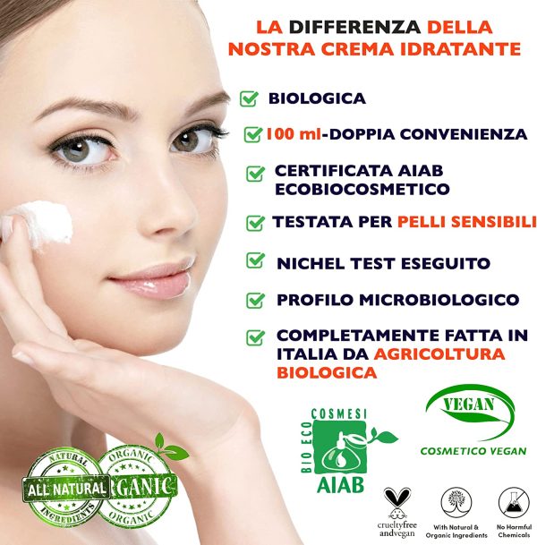 100ml. Crema Viso BIO Con noti Agenti Antirughe ed Antiet?? all'Acido Ialuronico Puro 100%. Crema Idratante Notte. Contorno Occhi alla Vitamina C/E ed Aloe Vera. Illuminante Viso Vegano Made in Italy - immagine 4