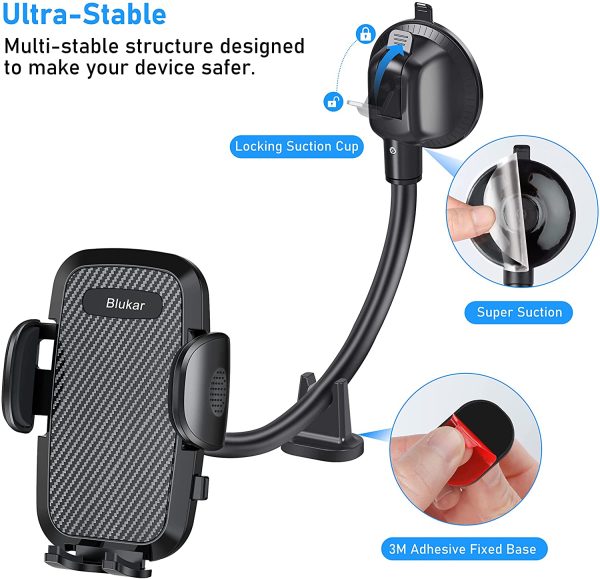 Blukar Supporto Cellulare da Auto, Universale Porta Cellulare Auto 360?? di Rotazione per Parabrezza e Cruscotto con Forte Ventosa e Lungo Braccio,Compatibile con iPhone, Galaxy, Huawei, Xiaomi