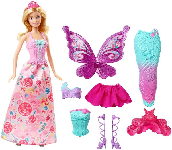 Barbie- Fairytale Dress Up Bambola con 3 Completini da Favola di Principessa, Sirena e Fatina, Multicolore, DHC39 - immagine 6