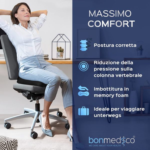 Bonmedico Cuscino Antidecubito - Cuscino Ortopedico Posturale per Casa, Ufficio e Auto - Rialzo per Sedia Ergonomico in Memory Foam - Supporto Lombar - immagine 4