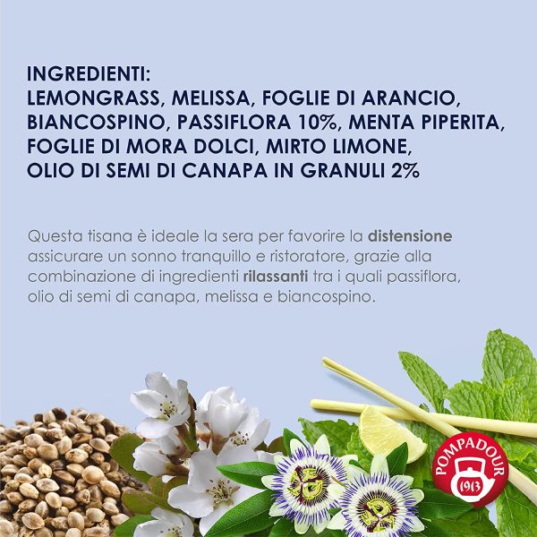 Pompadour, Tisana Buona Notte Plus, 54 Filtri (3 Confezioni da 18 Filtri), con Passiflora e Canapa, Ideale alla Sera per Favorire il Sonno, Senza Lattosio, Glutine e Allergeni - immagine 4