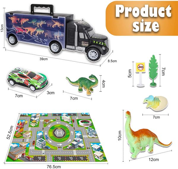 Vanplay Bisarca Giocattolo Camion Giocattolo includere Uova Dinosaur e Dinosauri Giocattoli , Mini Auto da Corsa, Tappetto Gioco, Segnali Stradali per Bambini 37 Pezzi