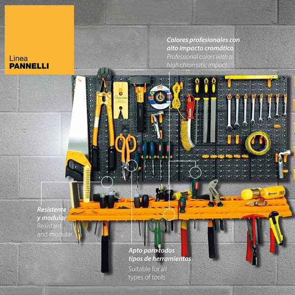 Kit due pannelli per attrezzi 50x50 cm completi di due mensole e 50 ganci assortiti, in plastica, nero/arancione - immagine 6