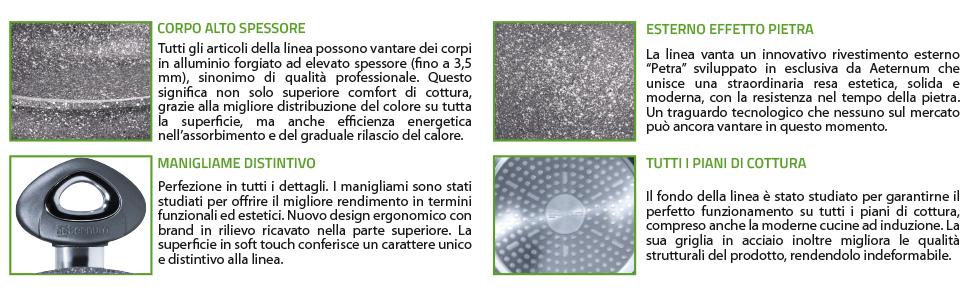 Corpo alto spessore, esterno effetto pietra, manigliame distintivo, tutti i piani di cottura.