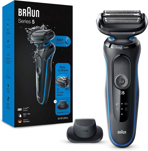 Braun Series 5, Rasoio Elettrico Barba Accessorio di precisione Incluso, con Lame Flessibili, Base di Ricarica, Uso a Secco o Sotto Acqua, Idea Regalo, 50-B1200s Nero e Blu - immagine 4