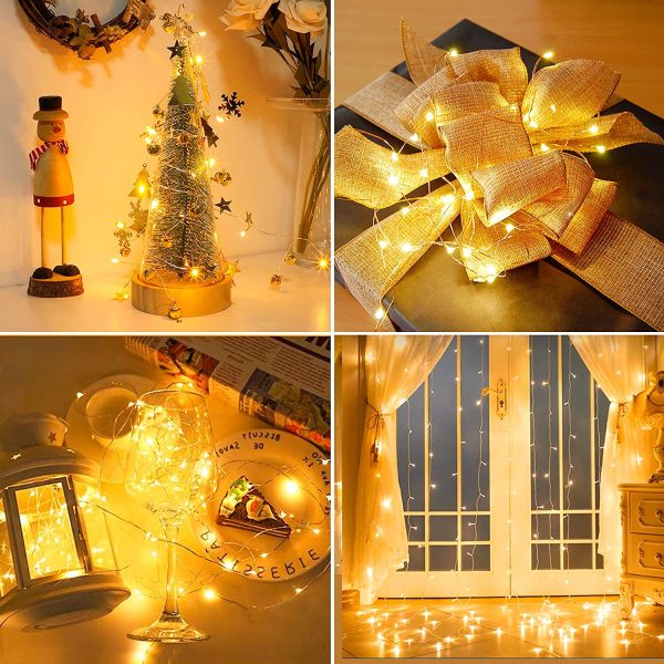 Stringa Luci Led a Batteria, 1 Pezzi 10 metri 100 Led Rame filo Catene Luminose Lucine Fata Luci per Natale Matrimonio Decorative Festa Interno Natalizie letto Camera(Bianco Caldo) - immagine 5