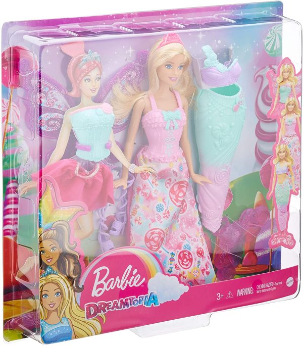 Barbie- Fairytale Dress Up Bambola con 3 Completini da Favola di Principessa, Sirena e Fatina, Multicolore, DHC39