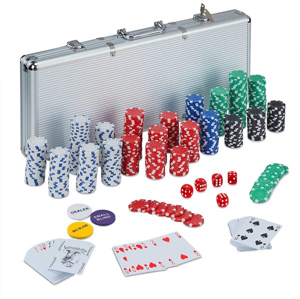 Relaxdays Gioco Valigetta Poker, 500 Chips Laser, 2 Mazzi di Carte, 5 Dadi, Dealer, Richiudibile & Portatile,Alluminio,Argento, Colore, 10031553 - immagine 2