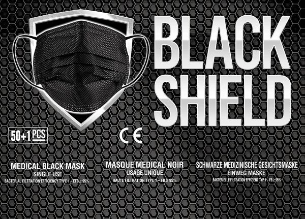 BLACK SHIELD - Mascherine Chirurgice Certificate CE Nere 3 veli - Dispositivo Medico di Tipo I - 50 Pezzi - immagine 2