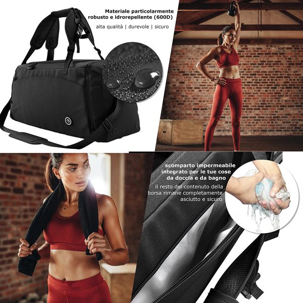 Borsone Palestra Training + Funzione Zaino, Scomparto per Scarpe e Bagnato | 40L Borsa Sportiva Viaggio Nuoto Fitness Sport Gym Sacca Tracolla Bagaglio Mano Weekend Duffel Bag Impermeabile Uomo Donne - immagine 3