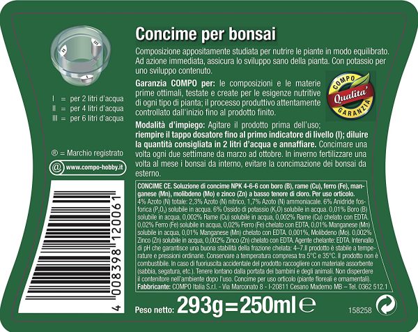 COMPO Concime Liquido per Bonsai, Per bonsai da interno e da esterno, Con tappo graduato, 250 ml - immagine 3