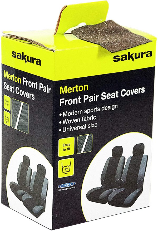 Sakura Merton SS3633 - Set di Coprisedili e Copri Poggiatesta per Sedili Anteriori Auto, Universale, Bordi Elasticizzati, Compatibile con Airbag Laterale, Lavabile in Lavatrice, Nero/Grigio - immagine 2