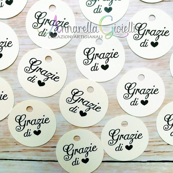 20 pezzi, Cartellini Stampati per bomboniera, 3 centimetri, GRAZIE, rotondo, etichette, nascita, battesimo, matrimonio, nozze, cresima, comunione, tondo avorio - immagine 2