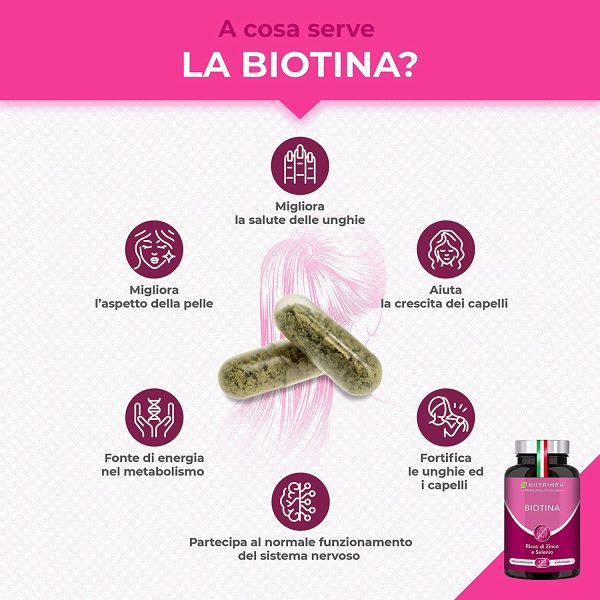 Biotina Nutrimea | Capelli, Unghie e Pelle | Zinco Selenio Vitamina B7 | Acceleratore Crescita Capelli | Luminosit?? Della Pelle | 900% VNR | Trattamento 4 Mesi - immagine 3