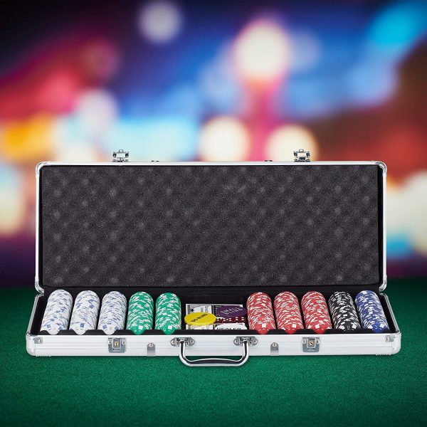 Relaxdays Gioco Valigetta Poker, 500 Chips Laser, 2 Mazzi di Carte, 5 Dadi, Dealer, Richiudibile & Portatile,Alluminio,Argento, Colore, 10031553