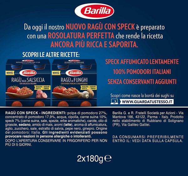 Barilla Ragu Con Speck, con Speck Affumicato, Sugo Pronto dal Gusto Ricco e Corposo, 2x180 g - immagine 5