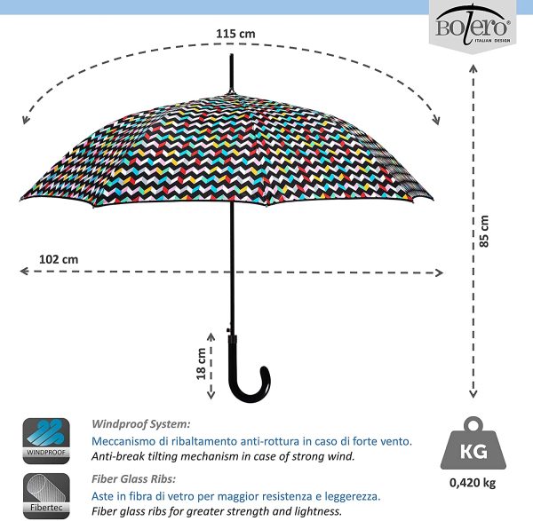 BOLERO OMBRELLI - Ombrello da Pioggia Lungo Classico Antivento e Automatico di alta qualit?? - Apertura Automatica - Tessuto Pongee 190T - Uomo Donna - immagine 6