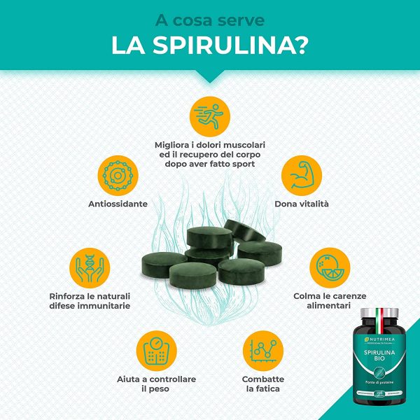 Nutrimea Spirulina BIO | Nuovo! | 200 Compresse Con Proteine Vegetali | Alga Naturale | Fonte di Energia | Resistenza | Sistema Immunitario Potenziato | Nutrimea - immagine 4