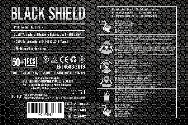 BLACK SHIELD - Mascherine Chirurgice Certificate CE Nere 3 veli - Dispositivo Medico di Tipo I - 50 Pezzi - immagine 4