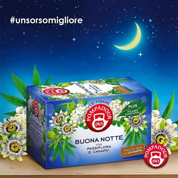 Pompadour, Tisana Buona Notte Plus, 54 Filtri (3 Confezioni da 18 Filtri), con Passiflora e Canapa, Ideale alla Sera per Favorire il Sonno, Senza Lattosio, Glutine e Allergeni - immagine 2